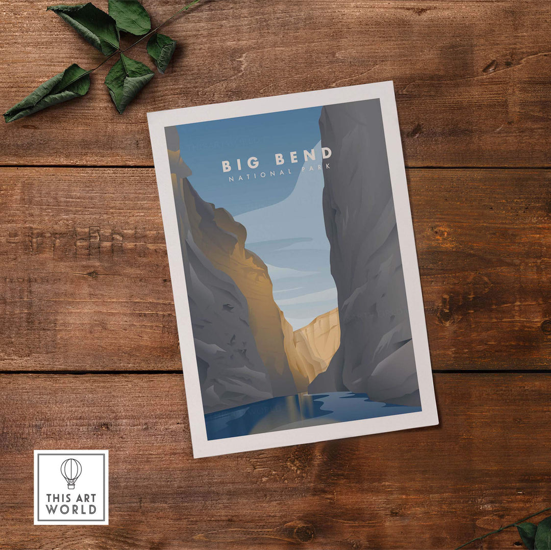 Minimalist Big Bend National Park art print featuring a canyon view and nostalgic design.
