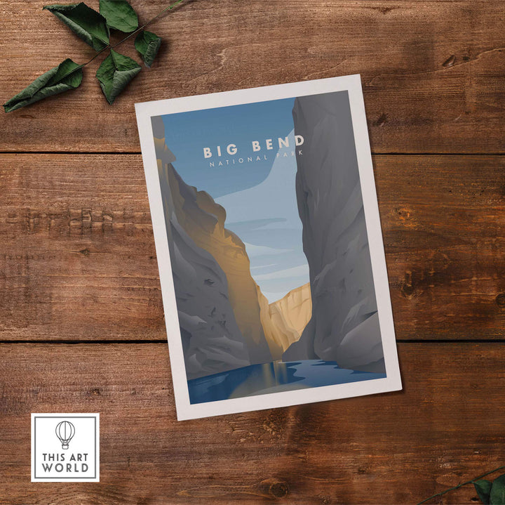 Minimalist Big Bend National Park art print featuring a canyon view and nostalgic design.