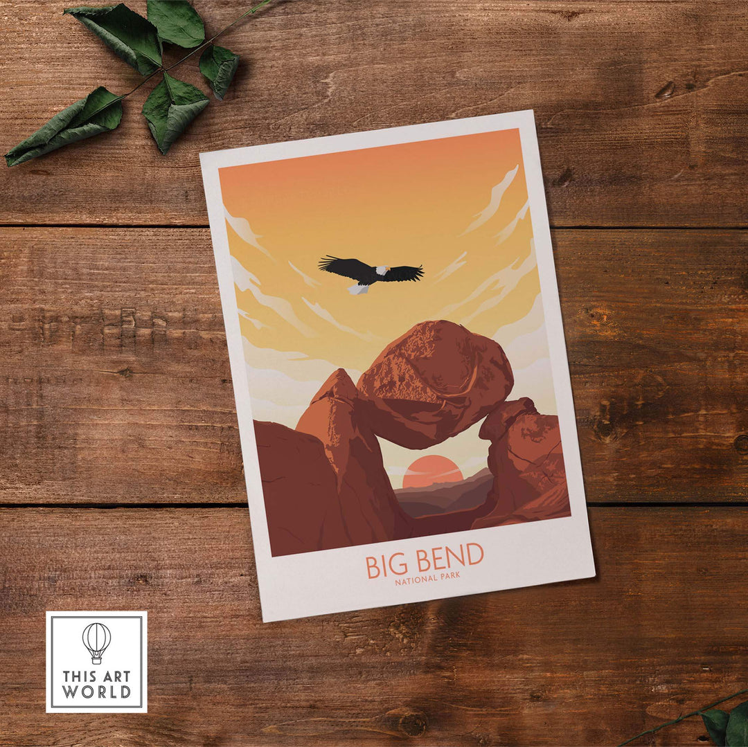 Big Bend National Park art print featuring minimalist design with eagle and sunset over rock formations.