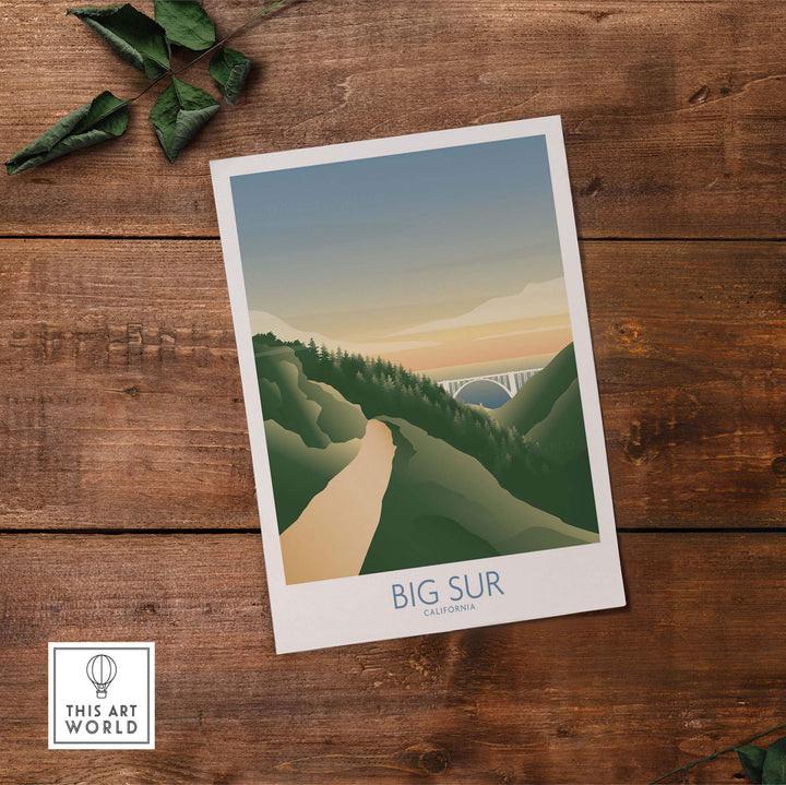 Minimalist Big Sur California art print featuring scenic landscape and bridge, perfect for home or office decor.