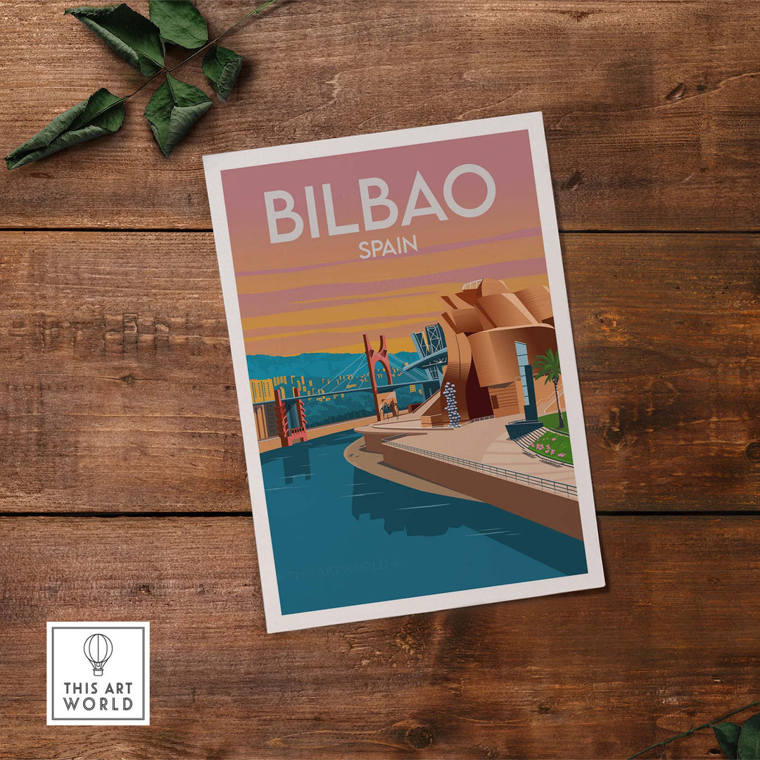Bilbao Spain Art Print featuring modern architecture and a minimalist style on wooden surface.