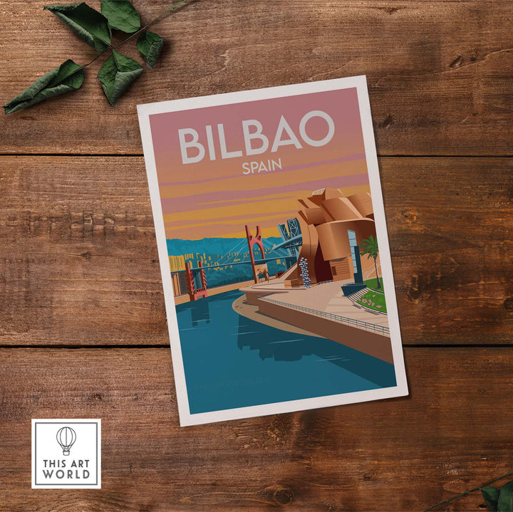 Bilbao Spain Art Print featuring modern architecture and a minimalist style on wooden surface.