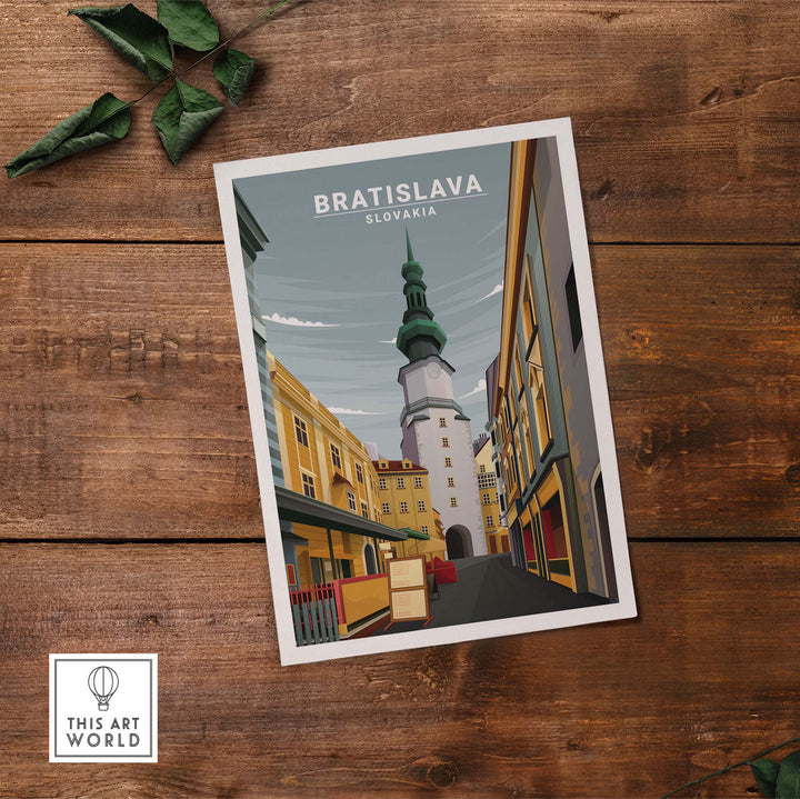 Bratislava travel poster showcasing minimalist design, featuring city architecture and a historic tower.