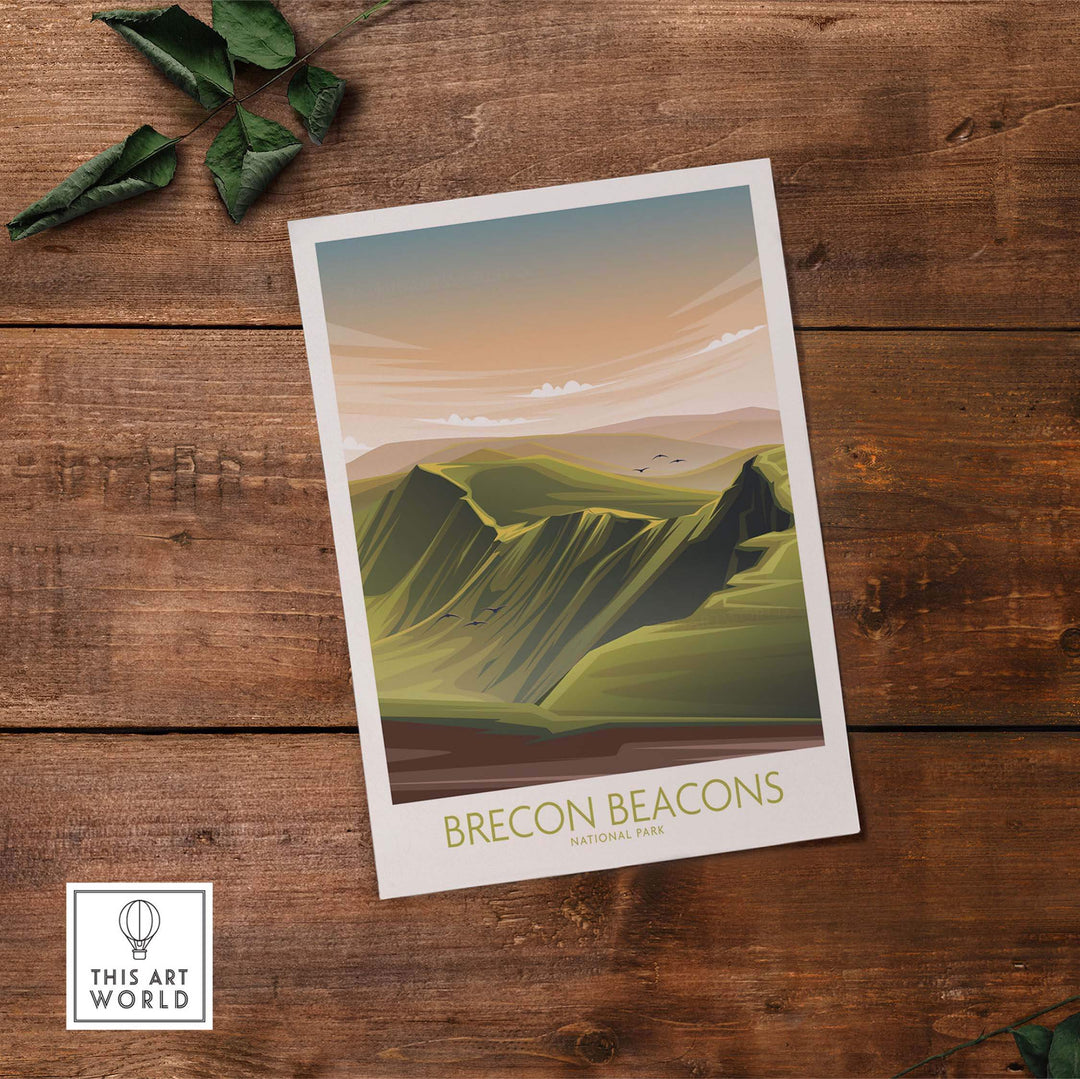 Brecon Beacons National Park poster art print on wooden table, showcasing minimalist landscape design.