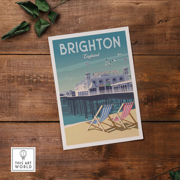 Brighton wall art print featuring the iconic Brighton Pier with decorative beach chairs and a blue sky backdrop.