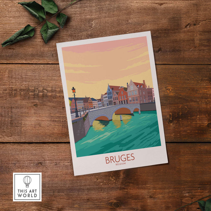 Vintage Bruges Belgium poster showing charming canals and architecture for travel-inspired home decor.