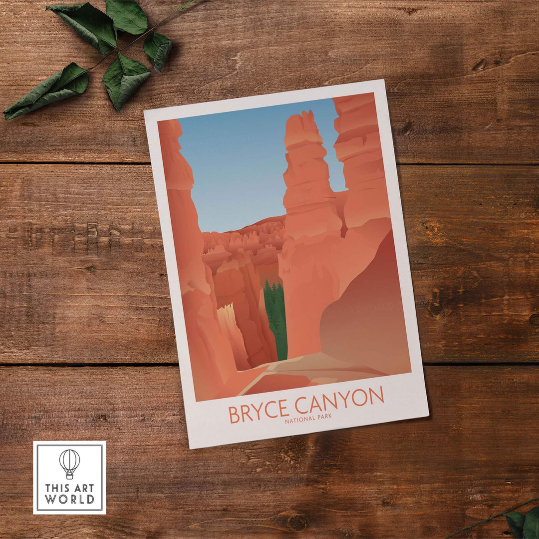 Bryce Canyon National Park art print featuring minimalist design and vibrant colors on a wooden background.