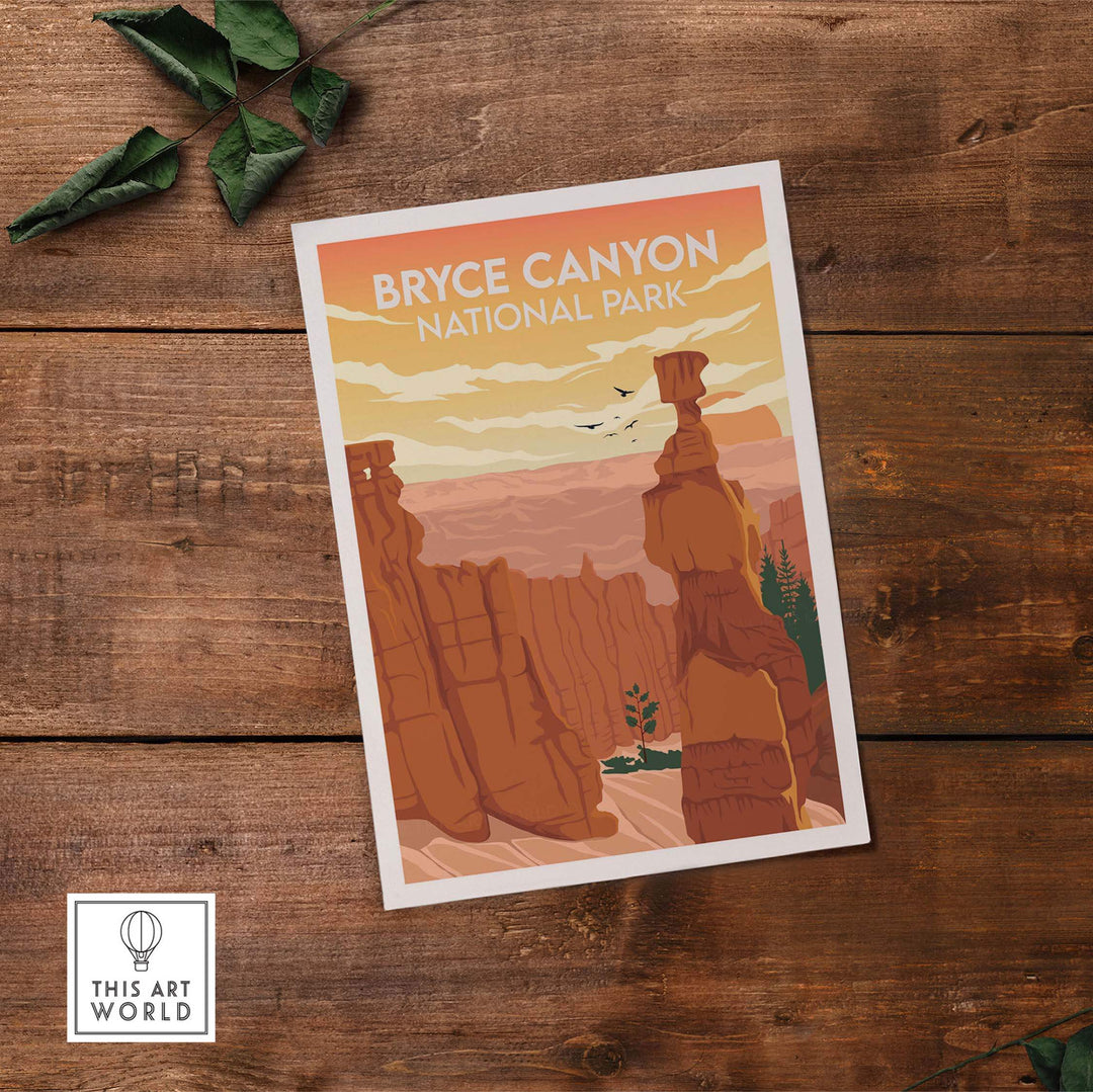 Bryce Canyon National Park poster print showcasing minimalist art style and vibrant colors on wooden background.