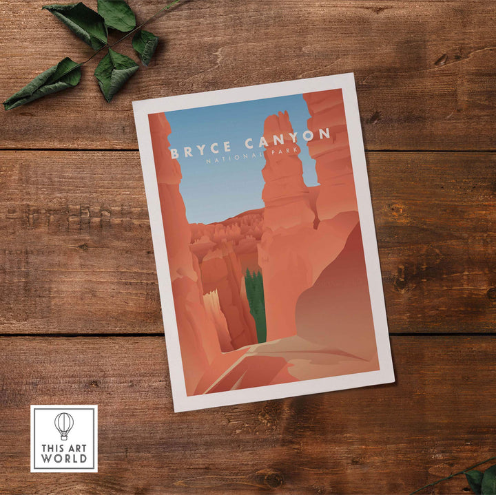 Bryce Canyon National Park vintage travel poster art print on wooden surface, showcasing warm colors and natural beauty.