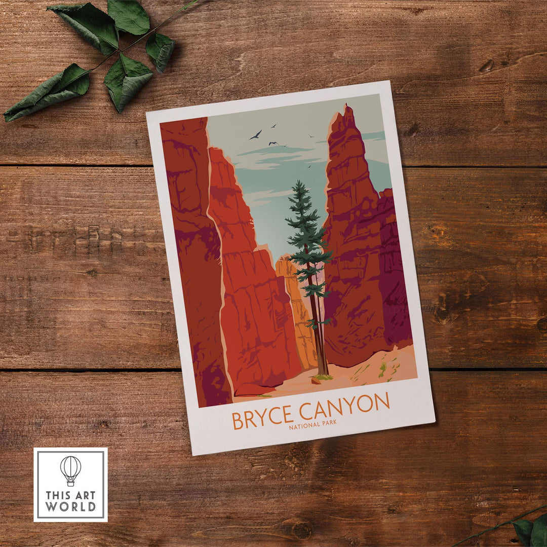Bryce Canyon Poster Print featuring vibrant red rocks and a tree, inspired by vintage National Park art.