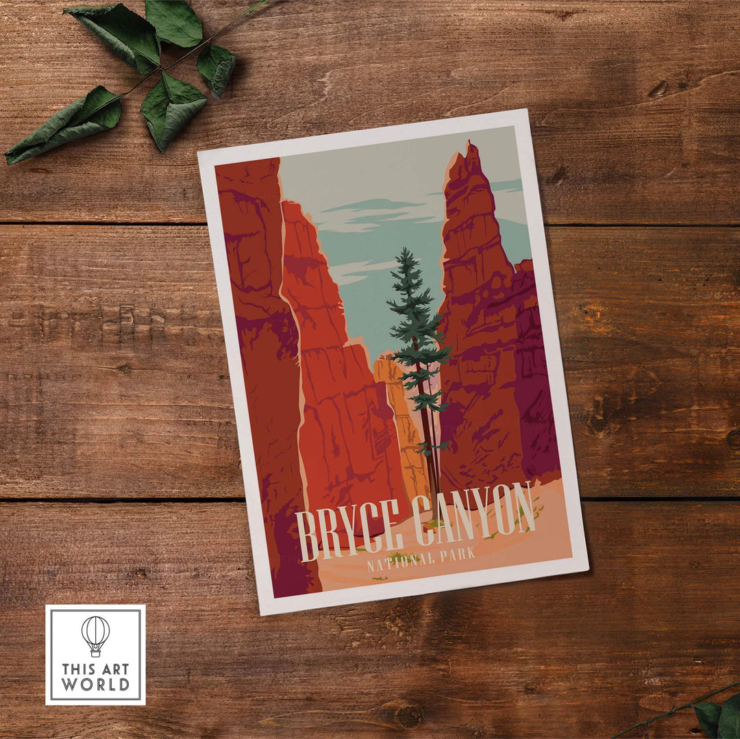 Bryce Canyon National Park print featuring red rock formations and a pine tree, inspired by vintage travel art.