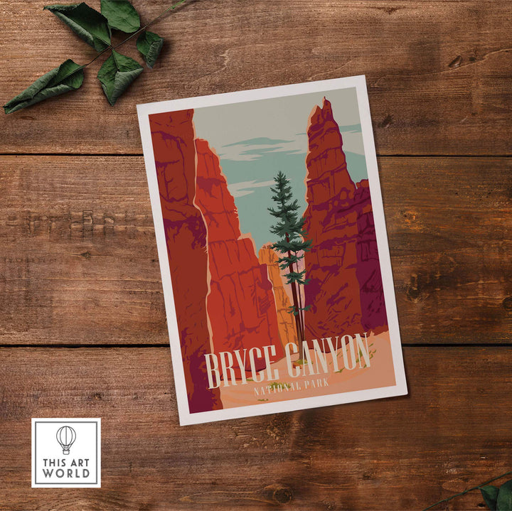 Bryce Canyon National Park print featuring red rock formations and a pine tree, inspired by vintage travel art.