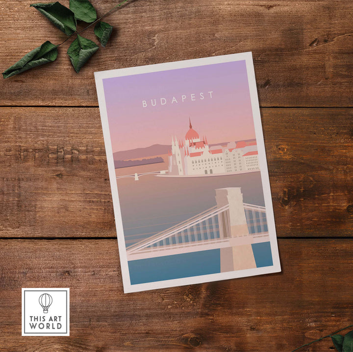 Budapest vintage travel poster featuring the Danube River and iconic architecture.