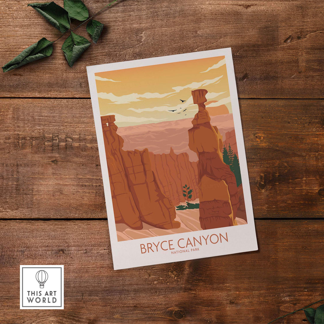 Bryce Canyon National Park art print featuring minimalist design and vibrant colors on rustic wooden background.