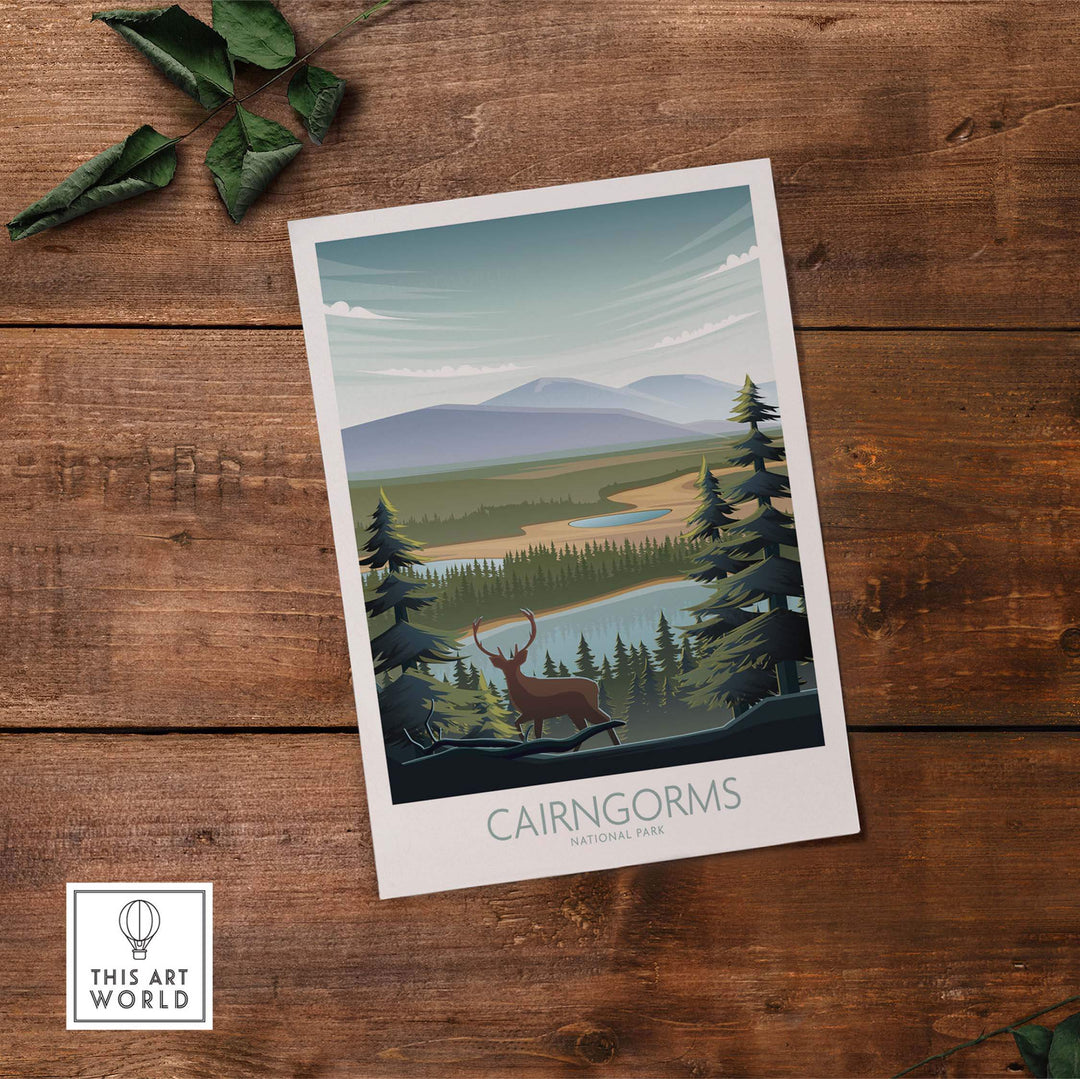 Cairngorms National Park poster art print featuring a scenic landscape and deer.