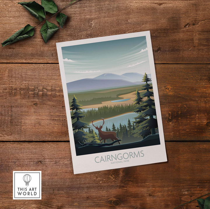 Cairngorms National Park poster art print featuring a scenic landscape and deer.