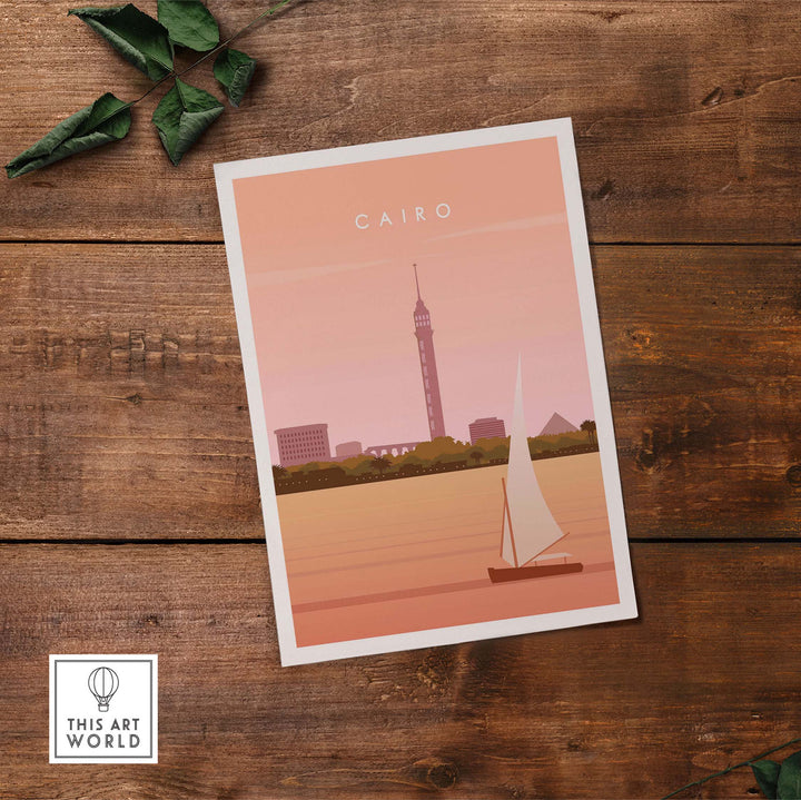 Cairo Print Wall Art Poster showcasing the Nile with a sailboat and iconic skyline, perfect for home decor.