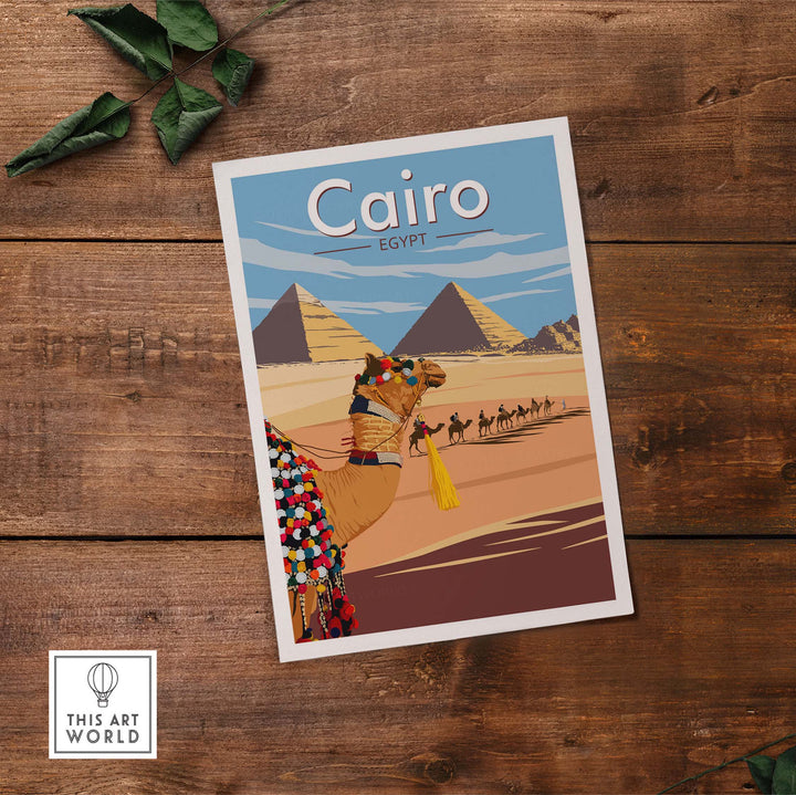 Cairo Wall Art Print featuring pyramids and a decorated camel, inspired by vintage travel posters of Egypt.