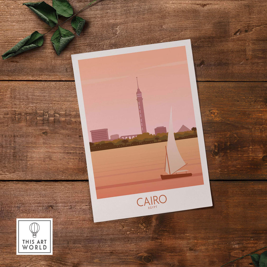 Cairo Travel Poster Print featuring Nile River and Cairo skyline with a sailboat, ideal for home or office decor.