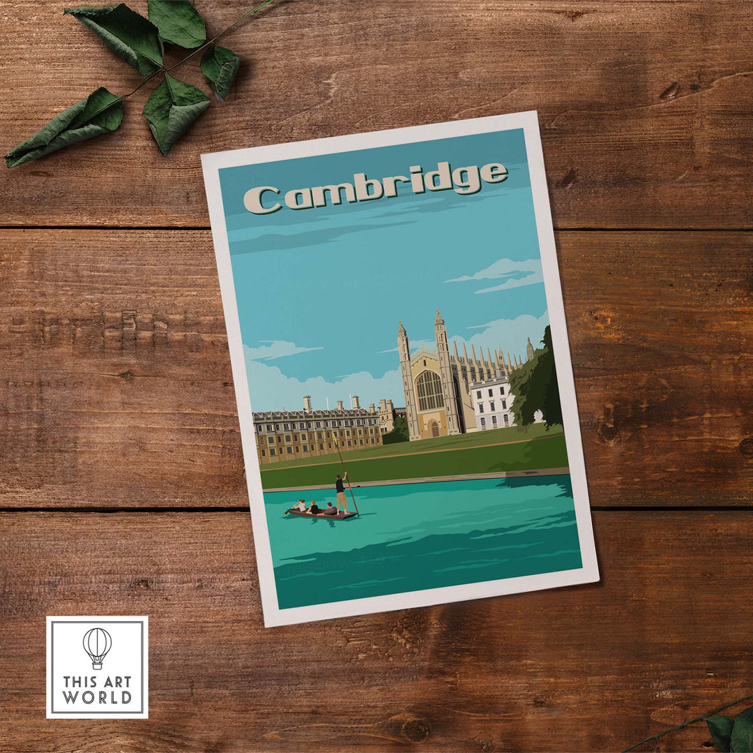 Cambridge vintage poster print showcasing King's College by the river, perfect for travel-inspired wall art.