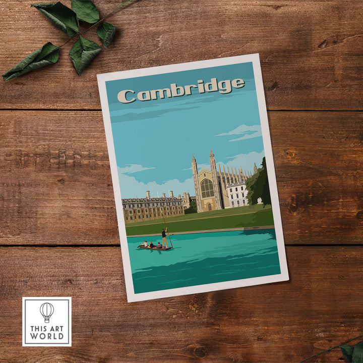 Cambridge vintage poster print showcasing King's College by the river, perfect for travel-inspired wall art.