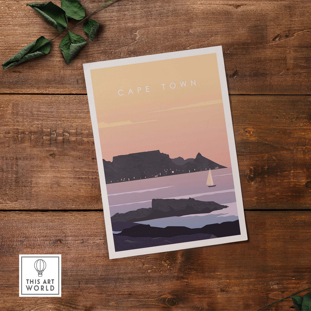 Cape Town print wall art poster featuring a serene landscape with mountains and a sailing boat.