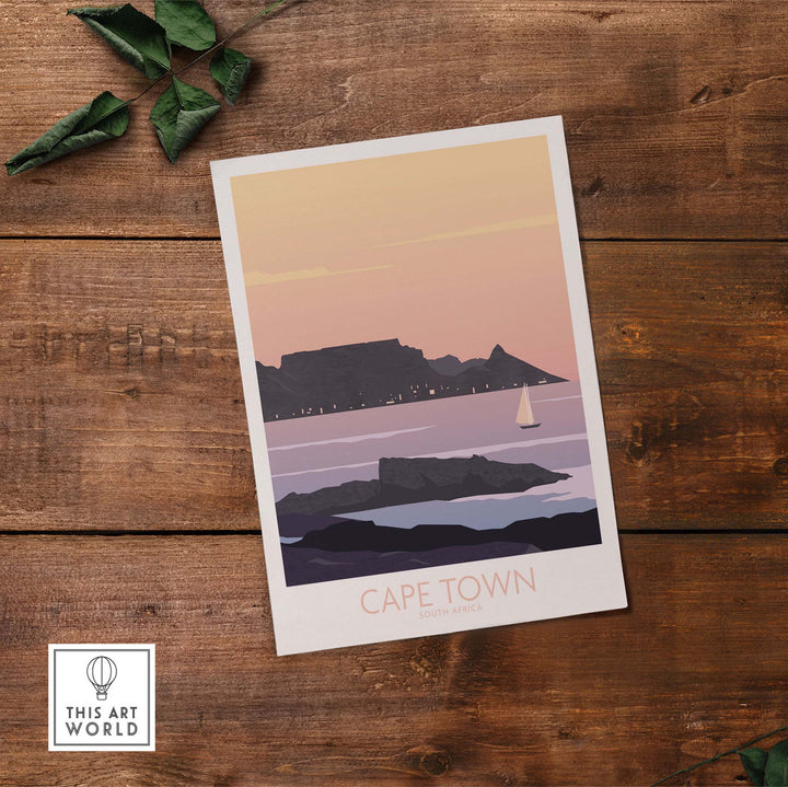 Cape Town Poster Print featuring Table Mountain and a sailboat at sunset, perfect for home or office decor.
