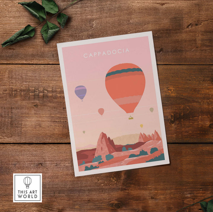 Cappadocia Print Wall Art Poster featuring colorful hot air balloons over a serene landscape.