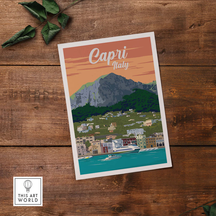Capri Italy Poster Print featuring vintage art style, showcasing coastal scenery and mountainous backdrop.
