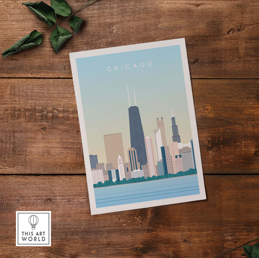 Chicago Print Wall Art Poster featuring a vibrant skyline and vintage style, perfect for travel-inspired home decor.