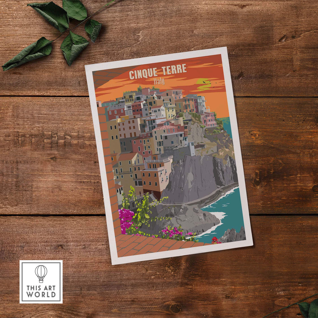 Cinque Terre Italy vintage travel poster print wall art on wood background, featuring colorful coastal village scenery.