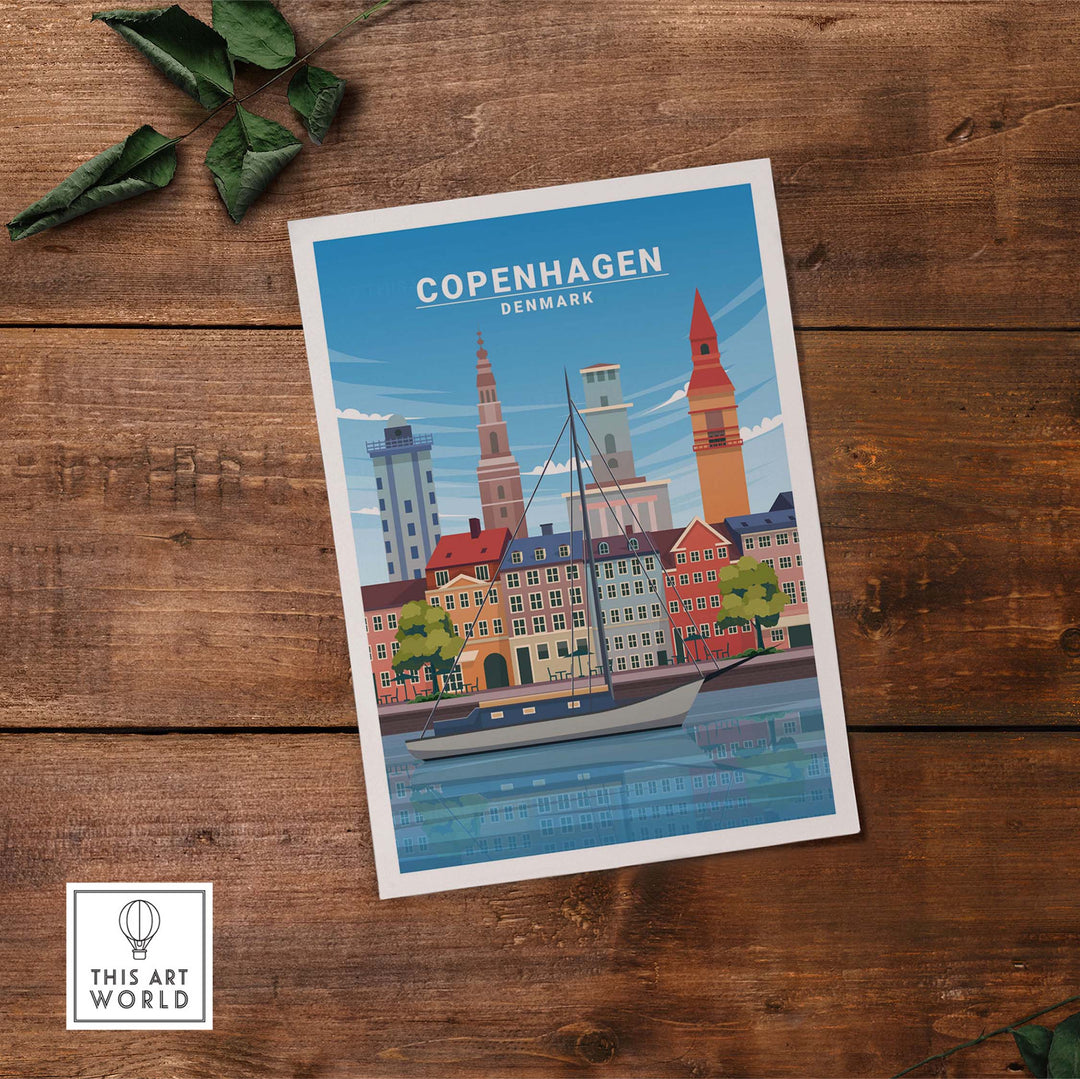 Copenhagen Print art showcasing colorful buildings and a boat on the water, inspired by vintage travel posters.