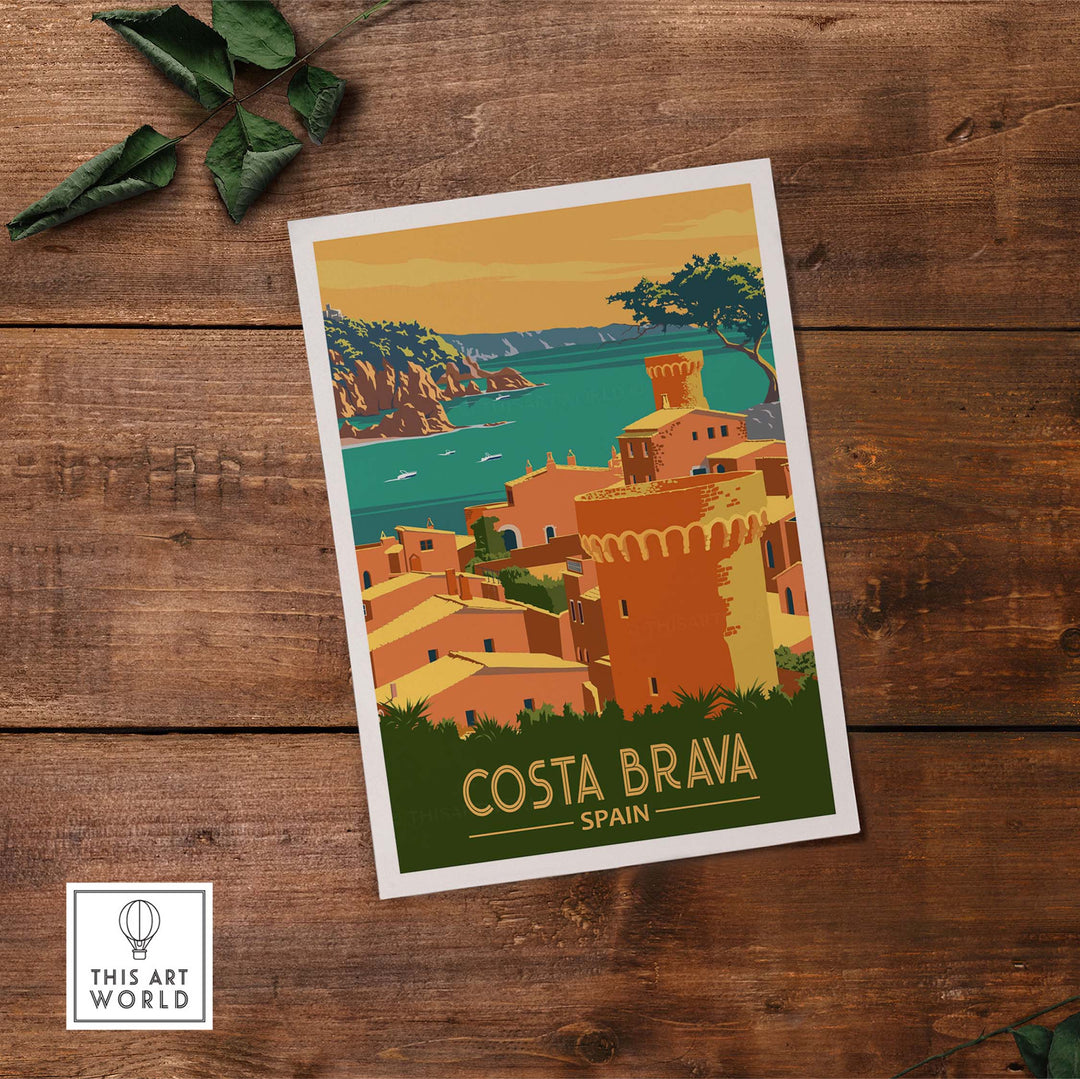 Stylish Costa Brava travel print showcasing vintage design elements and vibrant coastal colors.