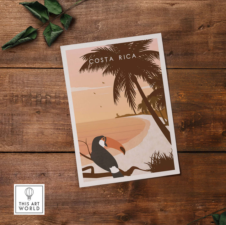 Costa Rica print wall art poster featuring a toucan and tropical scenery on a wooden background.