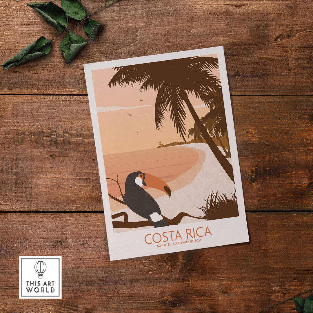 Vintage-inspired Costa Rica print poster featuring a toucan and tropical landscape, perfect for travel art enthusiasts.