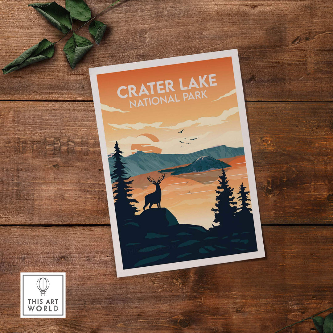 Crater Lake National Park poster featuring a silhouette of a deer against a sunset backdrop and mountains.