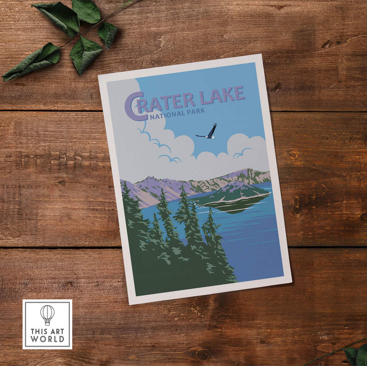 Crater Lake National Park Print featuring vibrant vintage-style artwork, perfect for nature lovers' home decor.