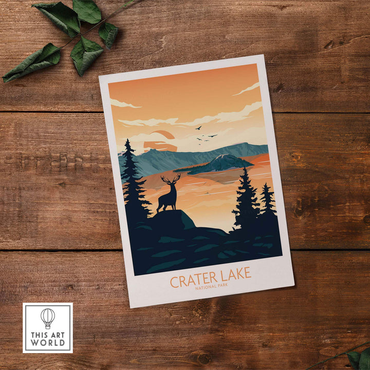Crater Lake National Park poster art print featuring mountains, trees, and a silhouette of a deer in a minimalist style.
