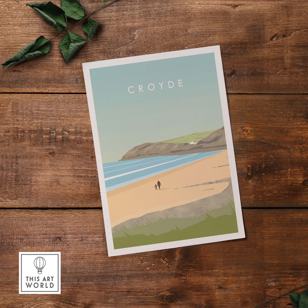 Croyde Poster Print Wall Art featuring a serene beach landscape with figures walking on the sand.