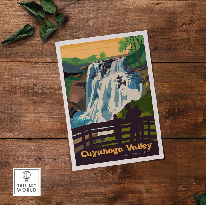 Cuyahoga Valley National Park poster with waterfall scene, vintage style wall art for home decor.