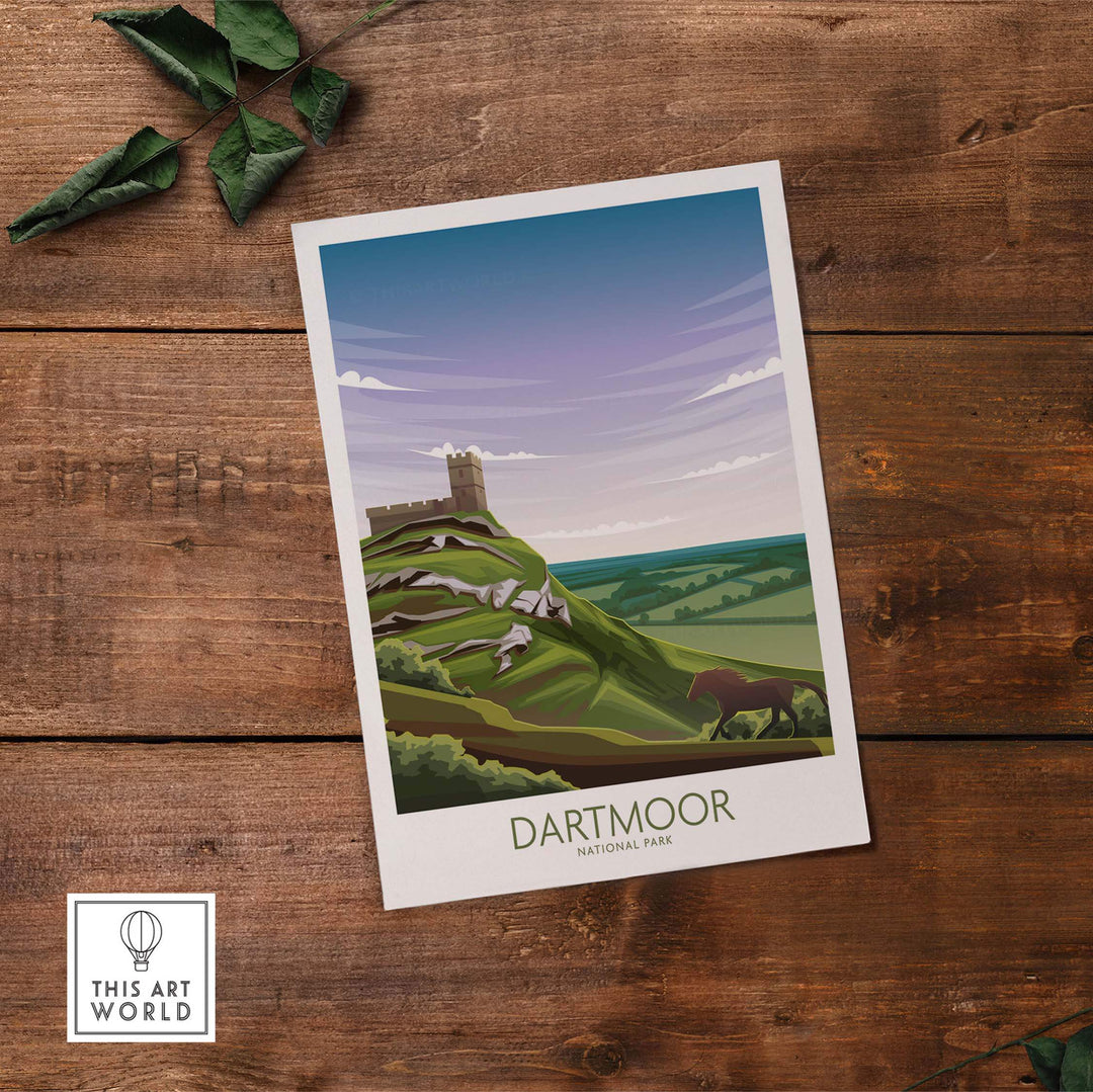 Dartmoor National Park Poster art print featuring rolling hills and a castle, modern minimalist design for home decor.