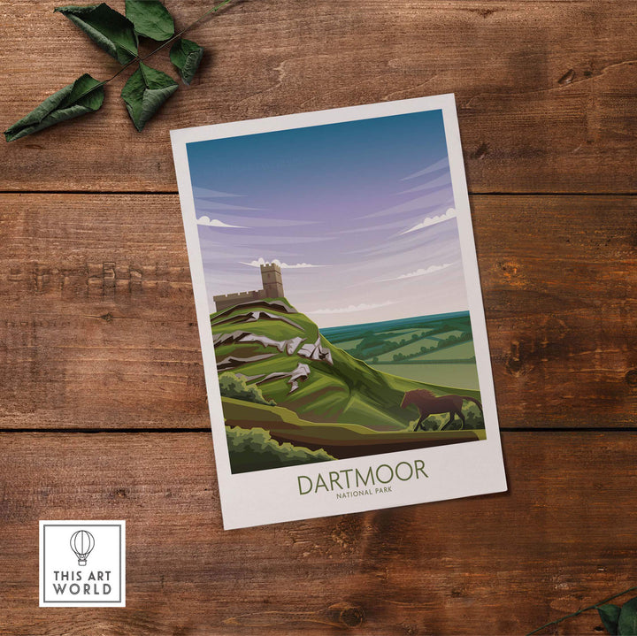 Dartmoor National Park Poster art print featuring rolling hills and a castle, modern minimalist design for home decor.
