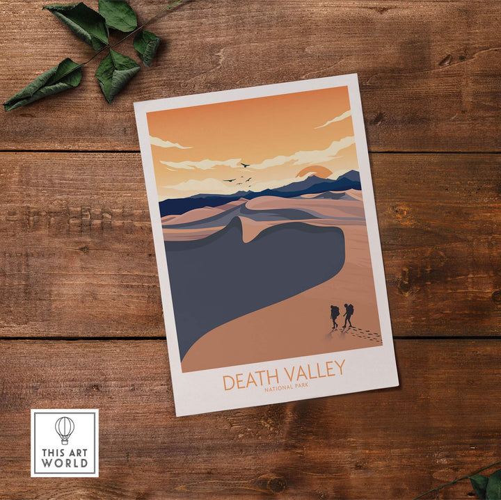 Death Valley National Park minimalist art print featuring hikers, capturing nature and wanderlust.