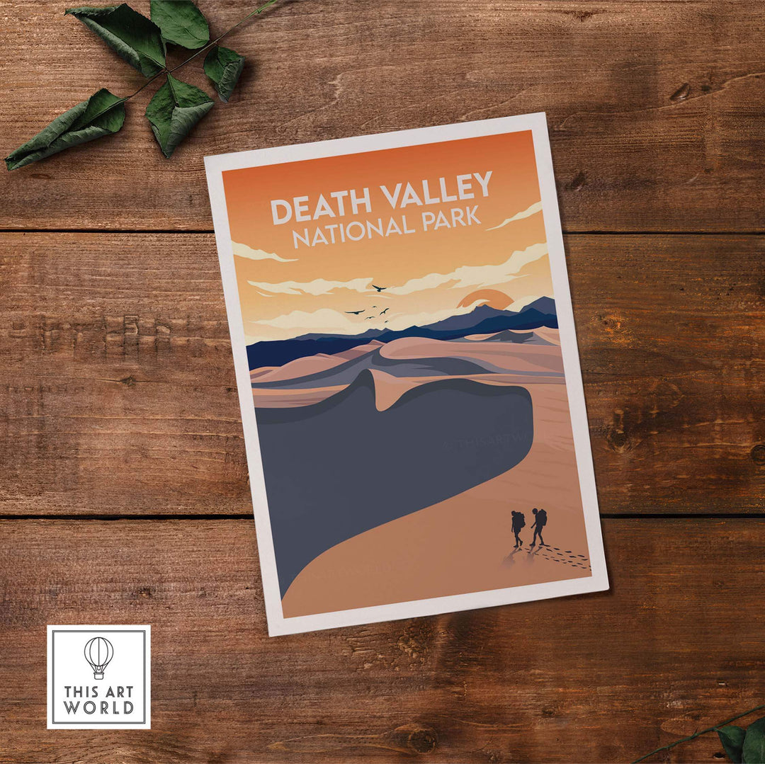 Death Valley National Park poster print, minimalist design, showcasing desert landscape and wanderlust adventure.