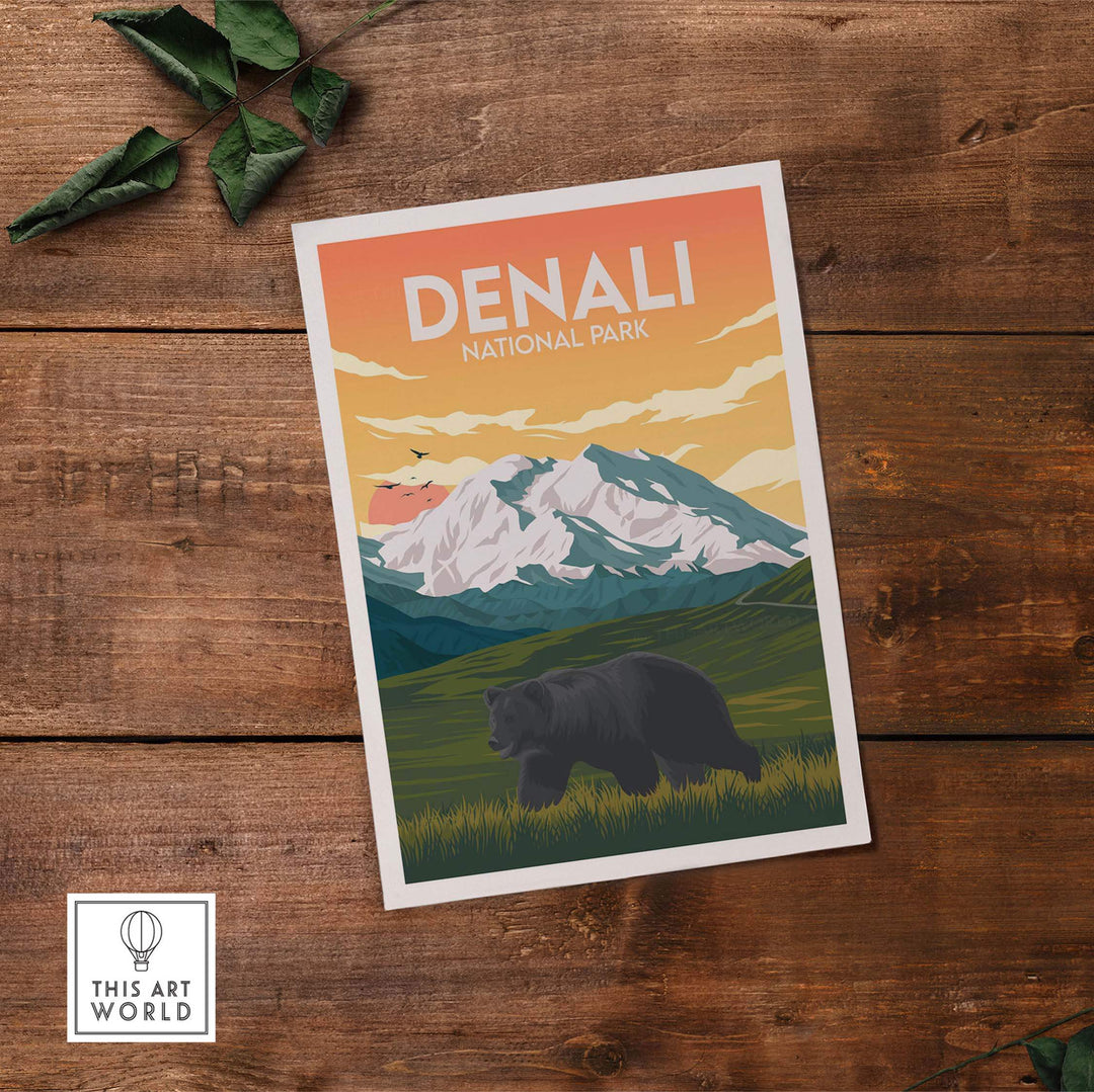 Denali National Park poster featuring a bear and mountain scenery in a minimalist artwork style.