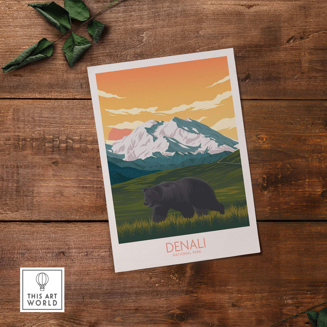Denali National Park poster art print featuring a bear and mountains in a minimalist design, perfect for nature lovers.