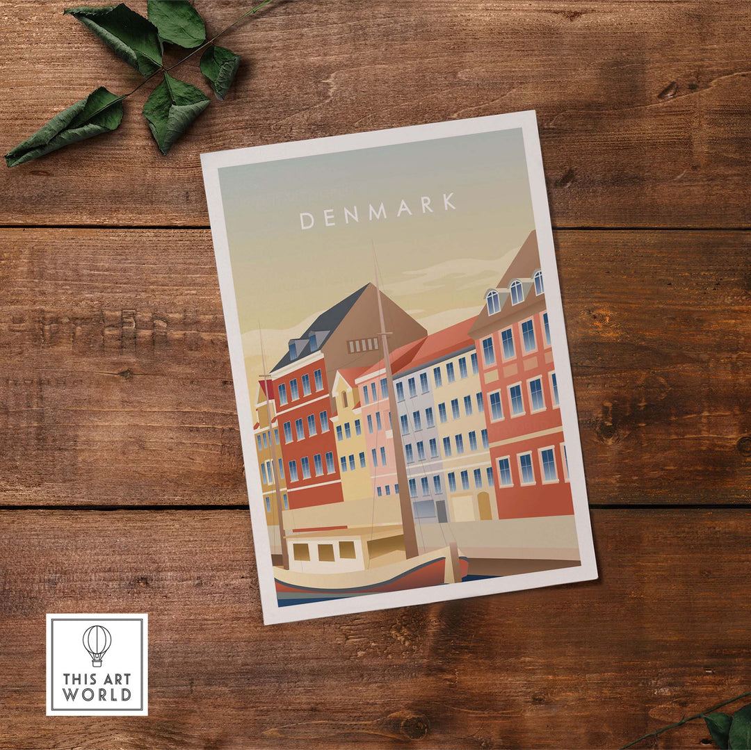 Denmark wall art poster featuring colorful vintage-inspired buildings, perfect for home or office decor.