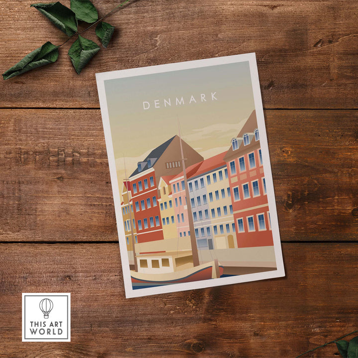 Denmark wall art poster featuring colorful vintage-inspired buildings, perfect for home or office decor.