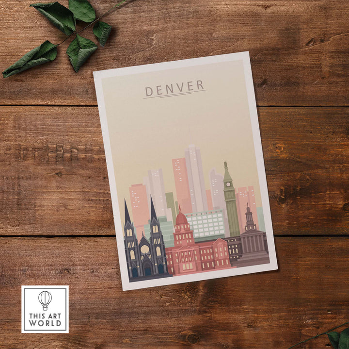Denver skyline art print featuring iconic buildings in warm pastel tones on wooden background.