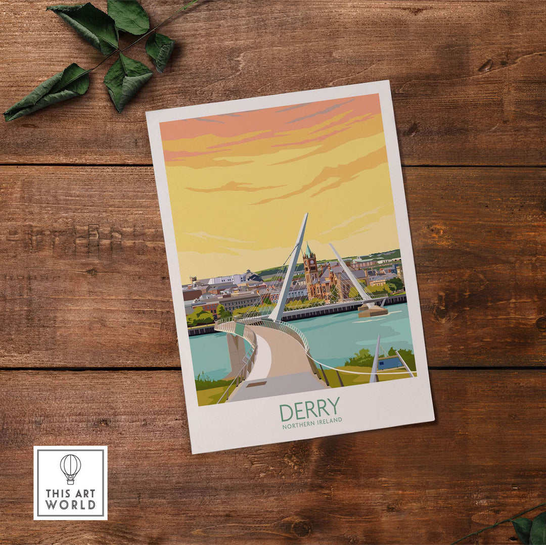Derry Print Northern Ireland poster featuring Peace Bridge on a stylish vintage-style background.